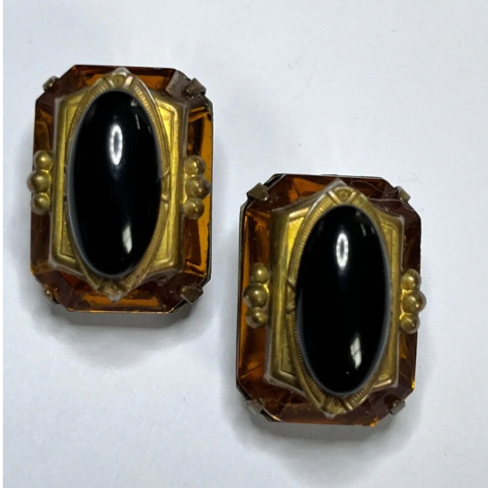 Vintage Style Black and Gold Clip-On Earrings